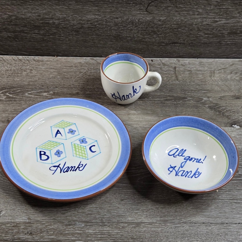 Stangl Personalized Hank Gift 3 Piece Dish Set Blue Trenton NJ Hand Painted